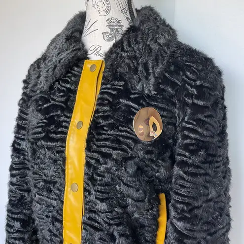 STAUD Buddha black faux shearling fur jacket w/ yellow leather trim size S small