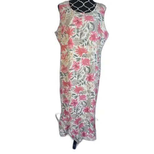 Liz Baker Vintage Cream Floral Print 100% Silk Sleeveless Shift Maxi Dress Sz 1X