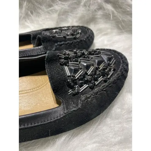 Etienne Aigner Nature Beaded Black Suede Slip-On Loafers With Leather Trim & Cushioned Insole 7