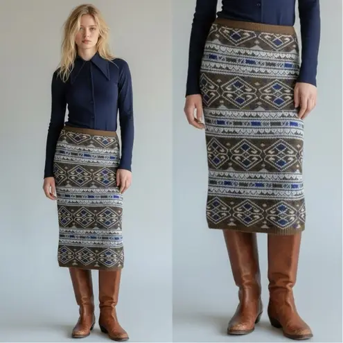 Vintage 70s Wool Acrylic Fair Isle Midi Sweater Skirt Size Small Brown Blue