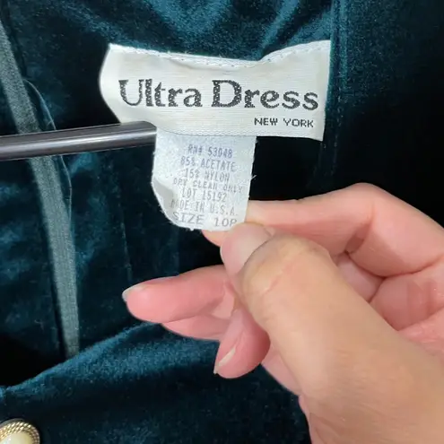 Ultra Dress New York Green Velvet Lace Trimmed Button Front Midi Dress Size 10P