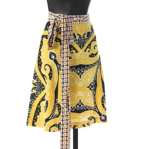 NWT Etro Silk Yellow & Black Pattern Knee Length Skirt w/ Tie Detail Size 6