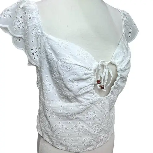 Urban Romantics Y2K Eyelet Crop Top L White Smocked V Neck Boho Chic Coquette