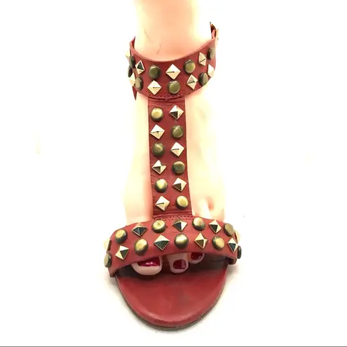 Pour La Victoire RED LEATHER WITH GOLD METAL STUDS T STRAP HEELS (8.5)