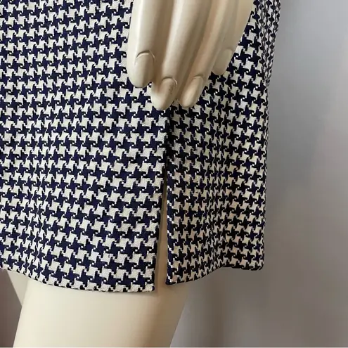 Vintage Houndstooth Dress Navy White Slit Skirt Mini Long Sleeve Plaid Preppy Blue Size M