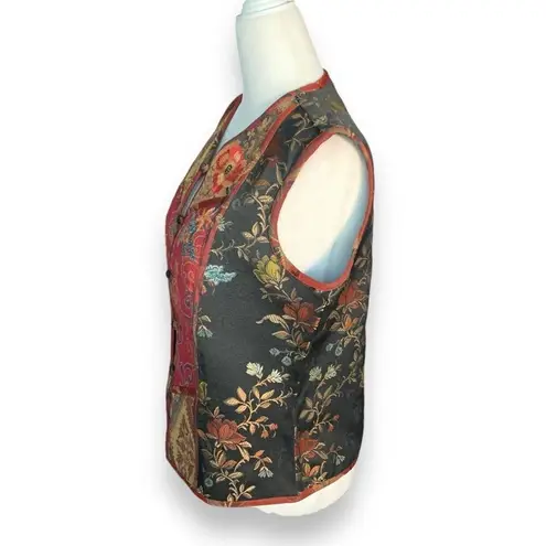 Vintage Coldwater Creek Vest Burgundy Floral Tapestry Patchwork Asian Style Black