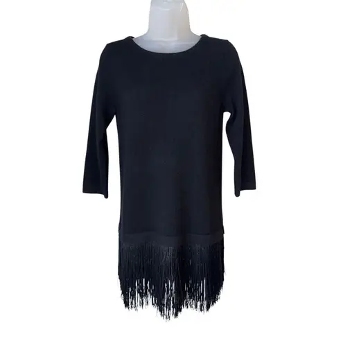 Neiman Marcus Black Cashmere 3/4 Sleeve Fringe Tunic Sweater