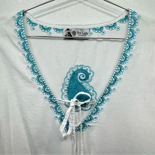 Bag Lady Mudpie White Tunic Swimsuit Cover Up Teal Embroidered Paisley Floral Size M