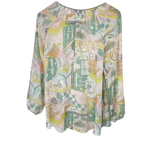 Calypso St. Barth Deva Printed Zodiac Boho 100% Silk Blouse Size X-Small