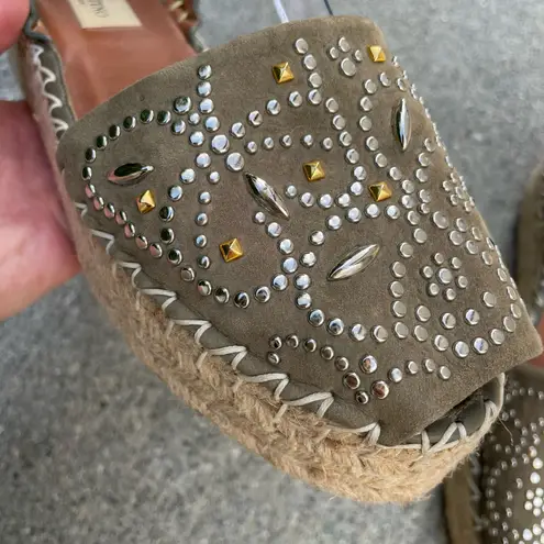 Valentino Garavani Valentino studded green suede and leather ankle-wrap espadrille sandal size 37
