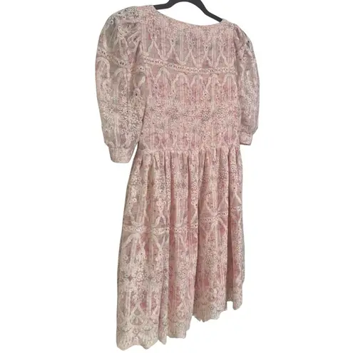 EN SAISON Floral Eyelet Lace Babydoll Short Sleeve Square Neck Dress EUC Small Pink