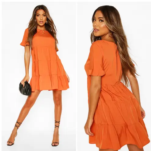 Boohoo NWT Woven Ruffle Tiered Smock Dress in Spice