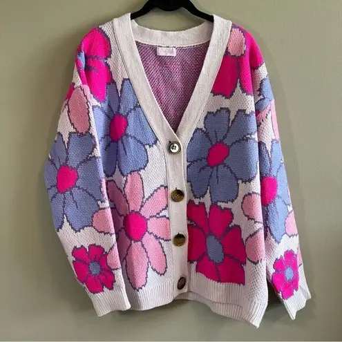 Pink Lily  Women’s Pink Purple Floral Cardigan Sweater Small