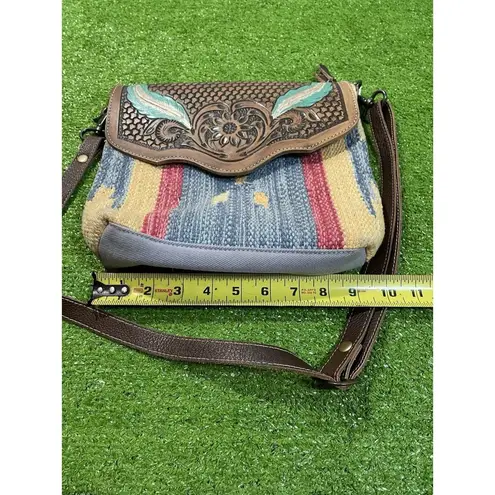Myra Bags Purse Western Leather Cotton Carve Aztec Crossbody Hand Bag Brown