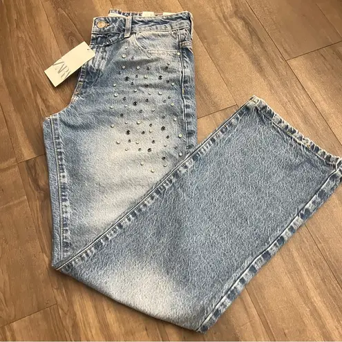 ZARA FULL LENGTH STRAIGHT CUT JEWEL JEANS WITH A HIGH WAIST