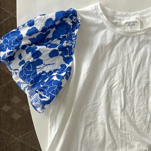 Hyacinth House x Tuckernuck Blue Floral Mollie Short Sleeve Blouse Cotton XL White