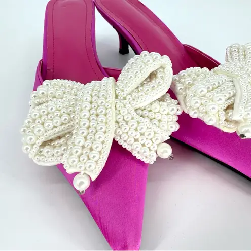 Bright Pink Satin Kitten Heel Mules with Pearl Bow Size 39