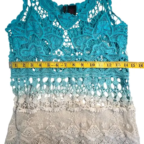 Womens Boho Open Knit Crochet Tank Top Sz L Lace Beach Resort Festival Coachella Blue Size L