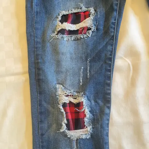 Judy Blue Size 9/29 Buffalo Plaid Patch Skinny Blue Ripped Denim Jeans JB8268DK