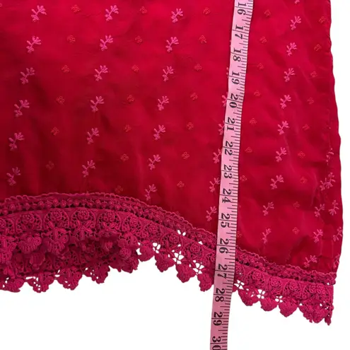 Johnny Was Embroidered Tunic Top Red Pink Lace V Neck 3/4 Sleeve Size S