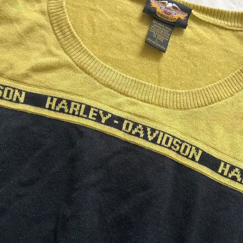 Y2K Harley Davidson greenish yellow and black knit logo intarsia sweater Size M