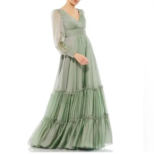 Mac Duggal NWT 67864 Long Sleeve Satin Chiffon Tiered Gown Dress Sage Green