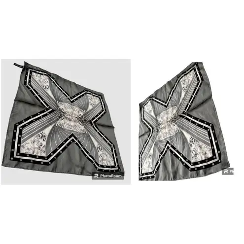 Vintage Neck Scarf Silver Black Floral Art Deco Hand Rolled Hem Korea Co…