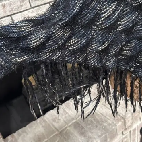 Frazzle Women's Eyelash Knit With Sleeve Fringe Poncho Sweater Black Blue Medium