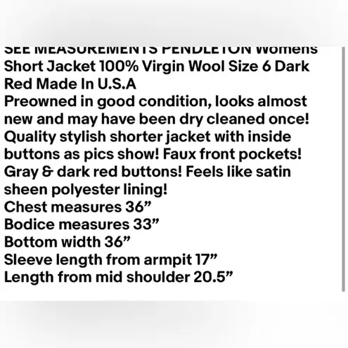 Pendleton Womens Short Jacket 100% Virgin Wool Size 6 Dark Red Made In U.S.A