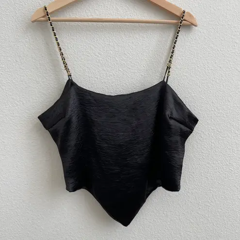 Just Polly Black Satin Gold Chain Spaghetti Strap Tie Back Handkerchief Tank Top