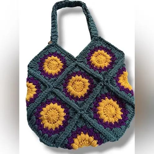 Handcrafted Crochet Teal Purple and Yellow Shoulder Bag Boho Granny Square