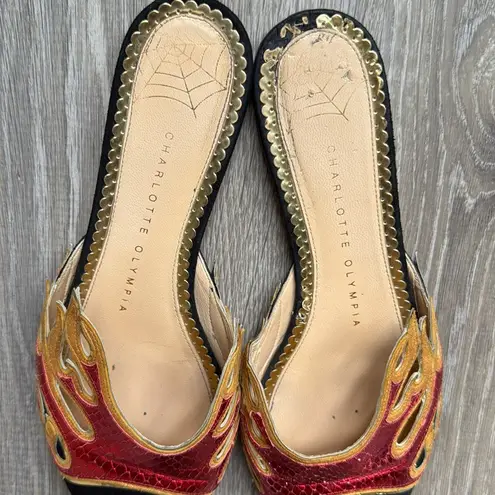 Charlotte Olympia Black Suede And Red Snake-printed Leather mules Size 37/7