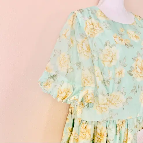 Ivy City Co Mint Green & Yellow Floral Ruffle Flutter Sleeve Dress.