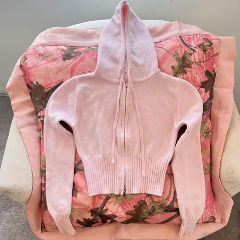 Edikted pink desiree knitted double zip up hooded jacket