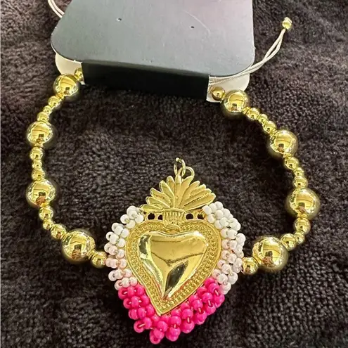 Handmade Gold Plated Sacred Heart Bracelet Beaded Mexican Milagro Jewelry