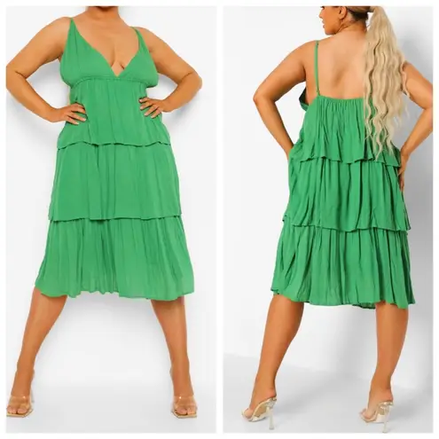 Boohoo  Green Strappy Tiered Midi Dress