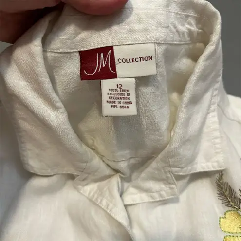 JM Collection Women's Floral Linen Embroidered Button-Up Shirt Size 12