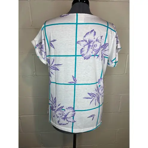 tshirt floral plaid white purple teal roller sleeve 1980s Size XL