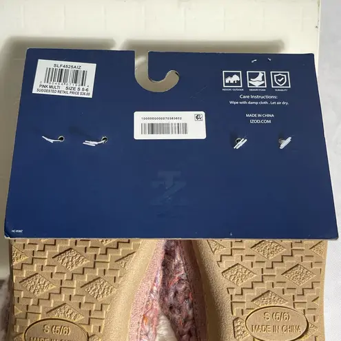 IZOD Ladies Knit Slippers Pink Multi Faux Fur Memory Foam Size S (5-6)