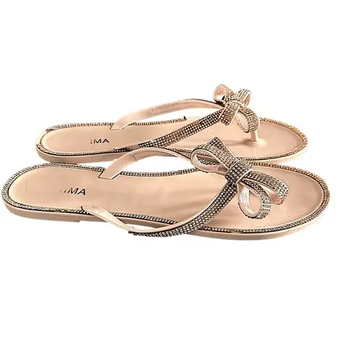 IMA Prima Lightweight Nude Rose Gold Rhinestone Bow Thong Sandals Tan Size 10