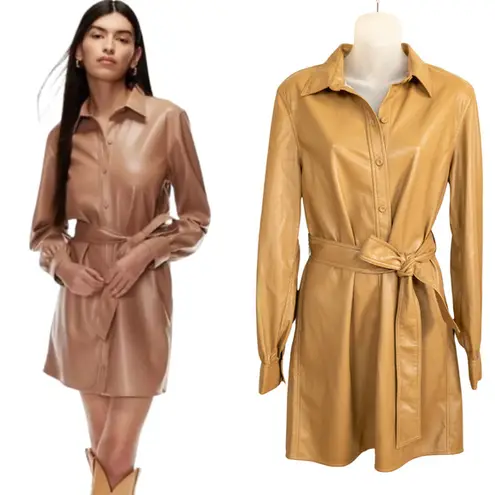 Wilfred  Aritzia Caroline Shirt Dress Iced Latte Belted Faux Leather Womens Small