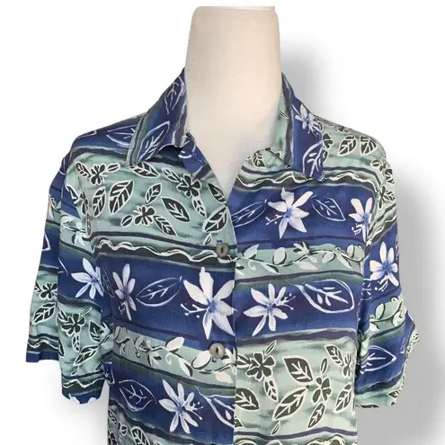 Vintage 90s Top Blue Green Floral Leaf Print Button Up Short Sleeve Shirt Small