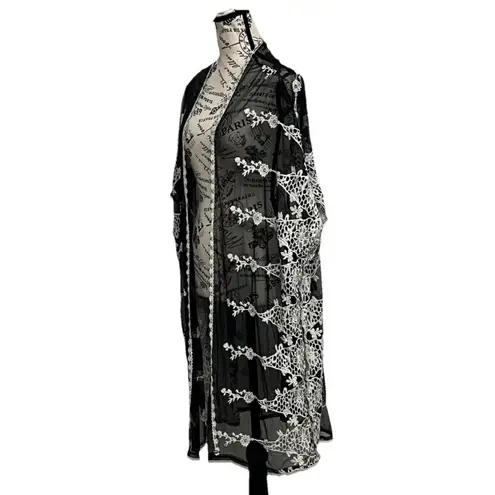 None Women's Kimono Embroidered Mesh Sheer Crochet Beach Boho Coastal Goth Hippie L