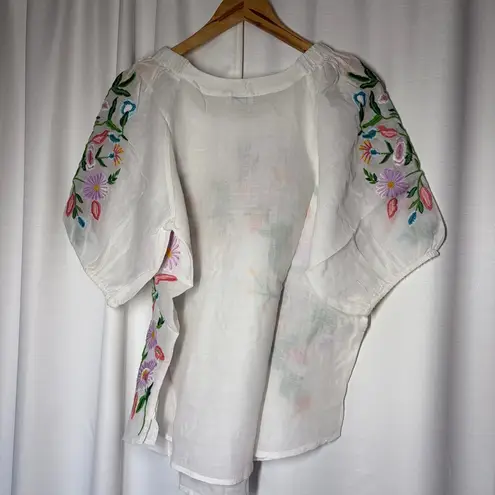 NWT Sundance White Embroidered Floral Blouse Vallejo Top M Boho Bright Peasant Size M