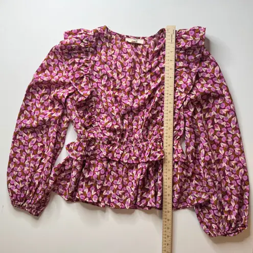 Entro Floral Bee Ruffle Blouse Small Long Sleeve V-Neck Lightweight Peplum Boho