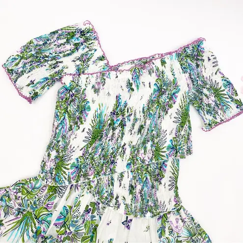 Poupette St. Barth Soledad Smocked Mini Dress Aqua Rain Forrest Tropical Jungle