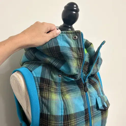Burton Turquoise Blue Green Black Plaid Hooded Dry Ride Zip Up Collared Vest
