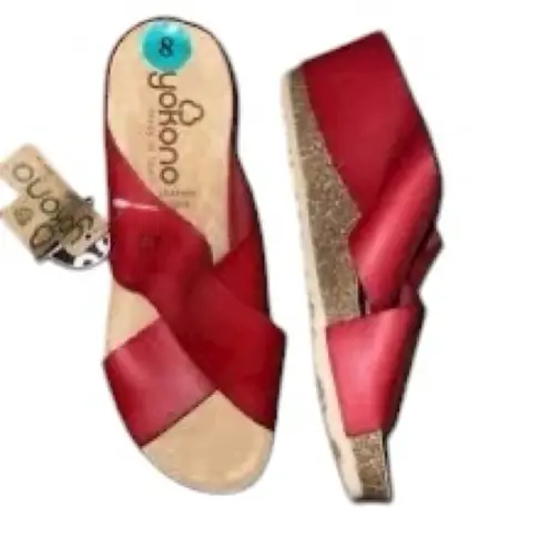 Yokono Red Leather Cross Strap Cork Platform Espadrille Wedge Sandals 6.5 resort