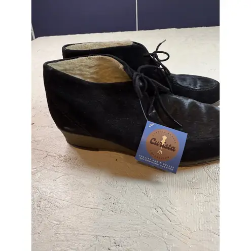 Black Suede Pony Hair Wedge Booties Ankle Boots Size 10