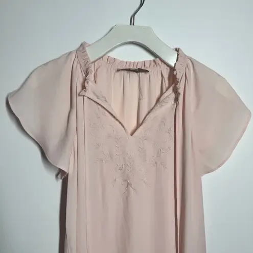 LOFT Top Women XS Pink Embroidered Tie Neck Blouse Cottage Minimal Modest Work